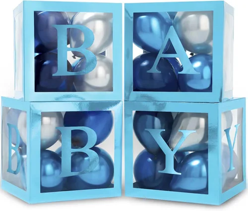 Cajas de baby shower con letras - Cajas azules metálicas con globos metálicos azules y plateados - Juego de 44 piezas para revelación de género y