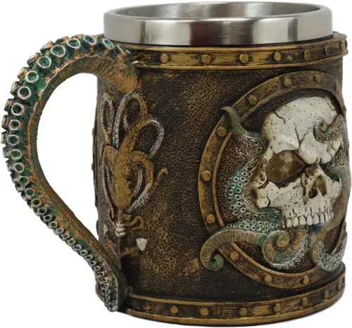 Miniatura 4 de Ebros Nautical Cthulhu Cósmico Octopus Wrecking Cráneo humano en marco de ojo de buey con ancla taza de bebida de resina de 13 oz con forro de acero