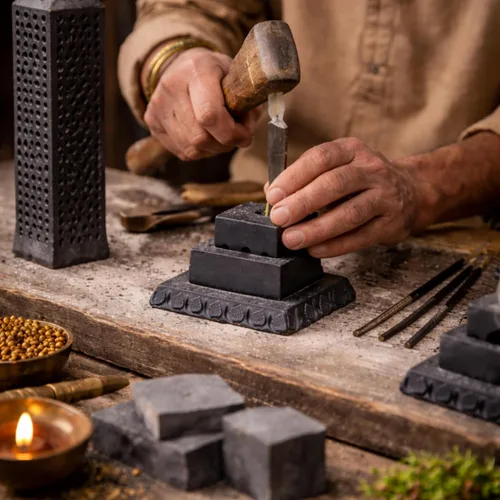 Miniatura 9 de Quemador de varillas de incienso de piedra jabón de mármol negro hecho a mano Portavelas Quemador de velas de té - Tallado Jaali perfecto
