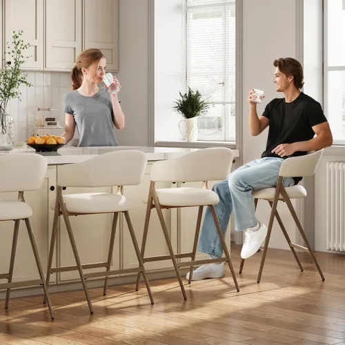 Miniatura 3 de COLAMY Juego de 2 taburetes de bar de 26 pulgadas de altura de mostrador con respaldo, sillas de bar tapizadas modernas con patas de metal para Beige