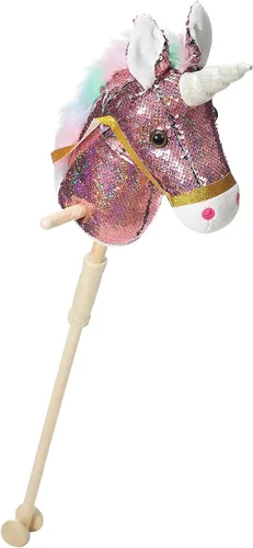 Miniatura 9 de HollyHOME Caballo de unicornio con lentejuelas, caballo de juguete artesanal con palo y ruedas de madera, sonidos reales de relincho y galope de Azul