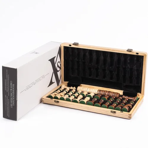 Miniatura 6 de A&A Juego de ajedrez y damas de madera plegable de 15 pulgadas para adultos / Piezas de ajedrez Staunton ponderadas de 3 pulgadas de altura del rey