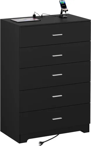 Miniatura 4 de GEPELCN Cómoda para dormitorio con tomas de corriente, cómoda de madera con 5 cajones con gran espacio de almacenamiento, cómoda negra con riel