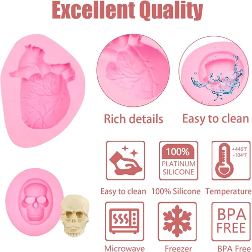 Miniatura 2 de Moldes de fondant de chocolate con corazón humano, 3 piezas, molde de silicona en forma de corazón humano 3D con cabeza de calavera para Halloween