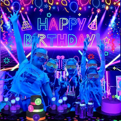 Miniatura 2 de Decoración de pancarta de fiesta de cumpleaños de neón brillante, telón de fondo de feliz cumpleaños con temática de fiesta