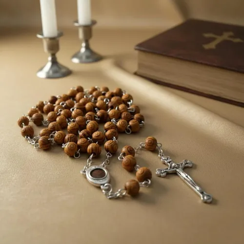 Miniatura 3 de Nazareth Store Rosario de madera de olivo con cuentas talladas a mano Collar de cuentas Medalla de centro de mesa de suelo sagrado de Jerusalén