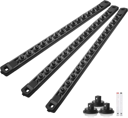 Miniatura 50 de Reniteco Juego de organizador de enchufes magnéticos, 3 piezas de 1/2 pulgada 3/8 pulgadas 1/4 pulgadas de aleación de aluminio con 40 clips Negro