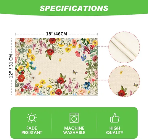 Miniatura 6 de Artoid Mode Juego de 4 manteles individuales de primavera con estampado floral vintage, 12 x 18 pulgadas, manteles individuales de temporada