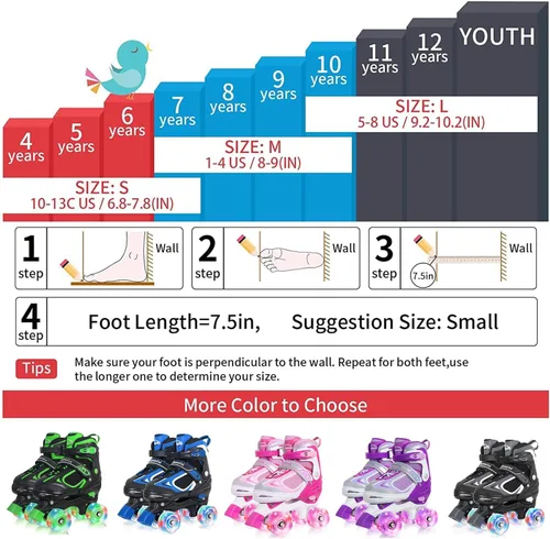 Miniatura 5 de MammyGol Patines de ruedas para niños y niñas, patines cuádruples de 4 tamaños ajustables para niños con todas las ruedas que se iluminan, Verde