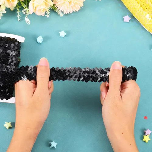 Miniatura 3 de uxcell Cinta de lentejuelas elásticas de 10 yardas de 1.8 pulgadas para manualidades, costura, vestido de disfraz, color negro