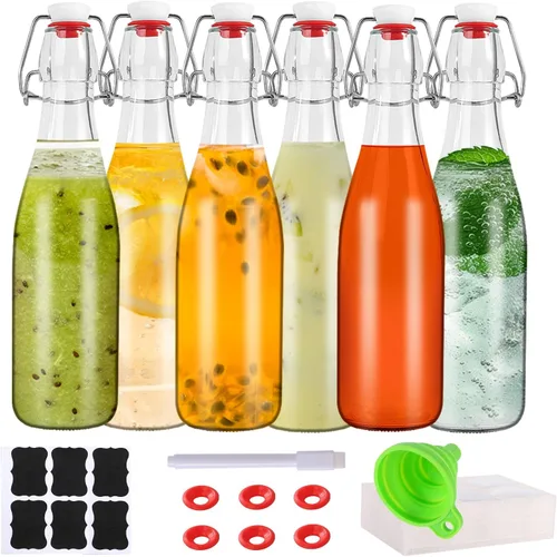 Paquete de 6 botellas de vidrio con tapa abatible de 12 onzas, con tapas herméticas para elaboración casera, 2ª fermentación, kombucha, kéfir,