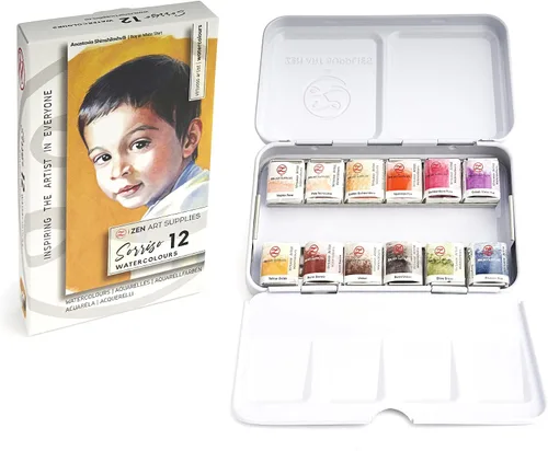 Miniatura 7 de ZenART - Pintura de acuarela profesional, no tóxica, juego de 12 medias bandejas en paleta de lata de metal, juego de acuarelas de viaje portátil