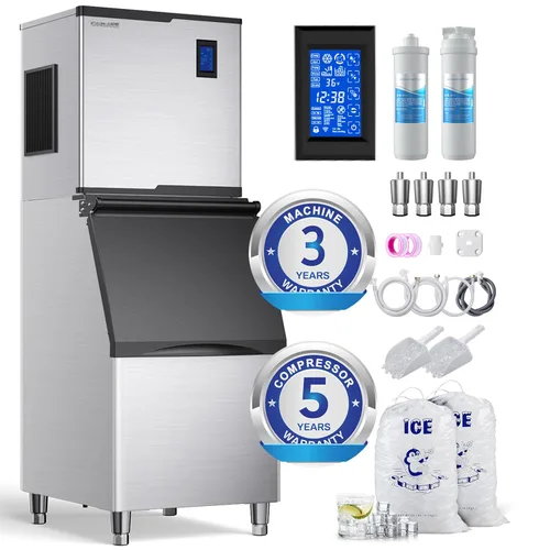 Miniatura 11 de Coolake Máquina comercial para hacer hielo de 200 libras/24 horas con contenedor de almacenamiento de 50 libras, máquina de hielo de acero