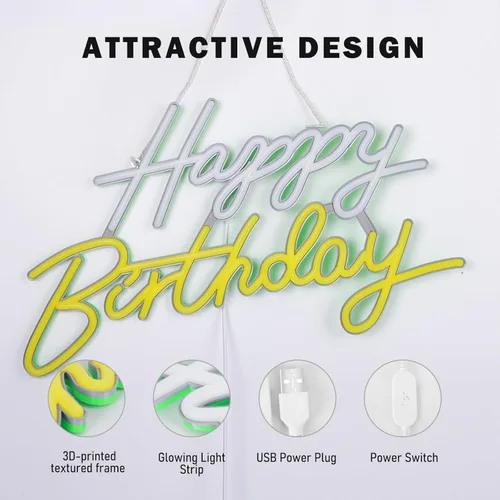 Miniatura 3 de Letrero de neón de feliz cumpleaños, letrero de neón para decoración de pared, luz de neón regulable alimentada por USB, letrero LED de feliz