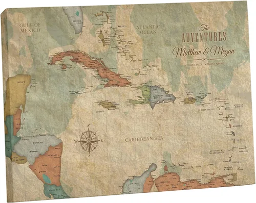 HolyCowCanvas Mapa del Caribe sobre lienzo en tonos terrestres vintage, mapa de viaje con alfileres para marcar viajes, tablero de pasadores de