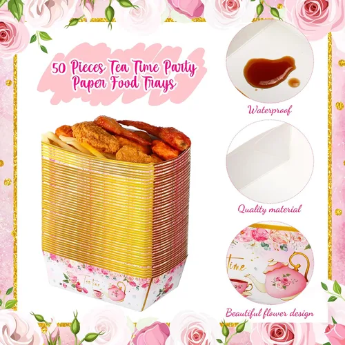 Miniatura 6 de Blulu 50 bandejas de papel para fiestas florales a granel, flores, té, botes, bandejas desechables para aperitivos para mujeres y niñas, fiesta