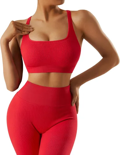 Miniatura 5 de OMKAGI Conjunto de entrenamiento acanalado para mujer, sin costuras, brasier deportivo con tiras y levantamiento de glúteos