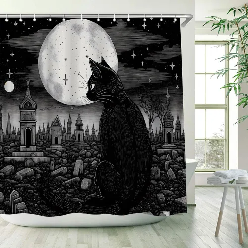 Miniatura 2 de Cortina de ducha de gato negro para Halloween, diseño de tarot psíquico gótico, tablero de Ouija, cementerio espeluznante para decoración de baño