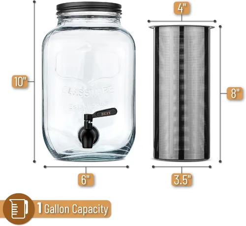 Miniatura 2 de BTAT - Cafetera de café frío de 1 galón, jarra de vidrio grueso con filtro de acero inoxidable, tapa y espiga, cafetera de café helado y té solar