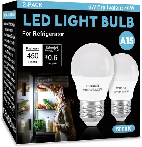 Paquete de 2 bombillas LED para refrigerador, luz blanca diurna, 5000 K, 120 V, 40 W, equivalente a la bombilla para electrodomésticos, A15 5 W,