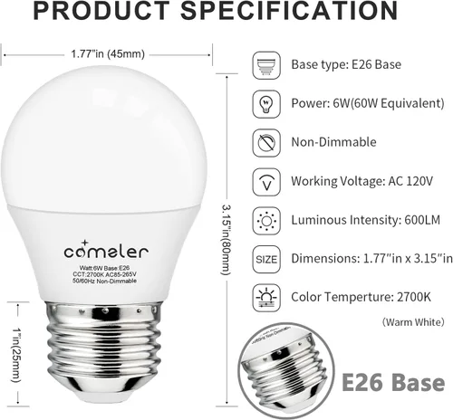 Miniatura 3 de comzler Bombilla pequeña de 6 W, luz blanca cálida de 2700 K, equivalente a 60 vatios, base de tornillo estándar E26 con forma A15/G45 para 2700K
