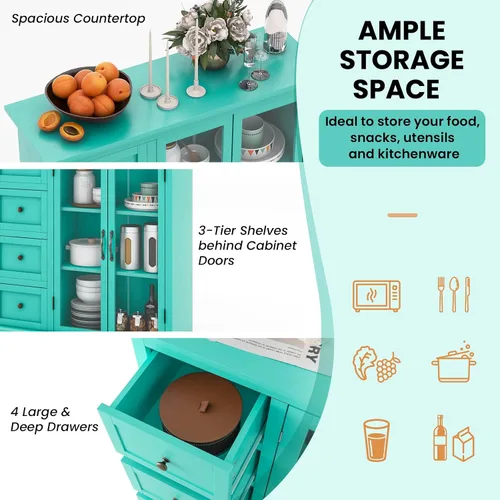 Miniatura 6 de LOKO Aparador de buffet, armario de almacenamiento de cocina, armario de 2 puertas con 4 cajones, estante ajustable y dispositivo antivuelco
