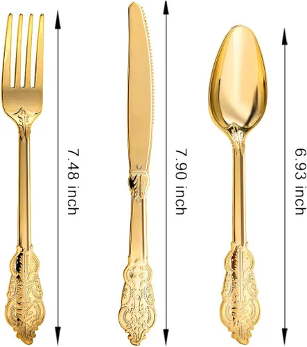 Miniatura 2 de N9R Juego de cubiertos de plástico dorado de 300 piezas, juego de cubiertos de plástico pesado, 100 tenedores, 100 cucharas, 100 cuchillos