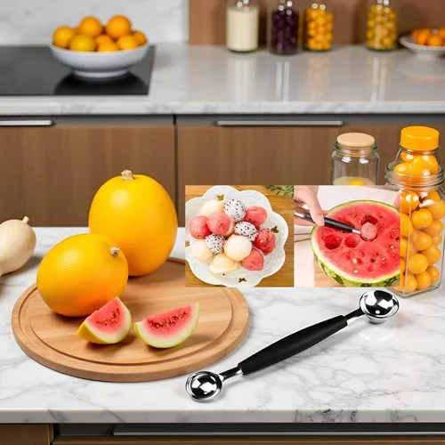 Miniatura 3 de Cuchara de melón de acero inoxidable 2 en 1, cuchara de melón de doble cara, helado de melón de sandía adecuado, cómodo agarre antideslizante