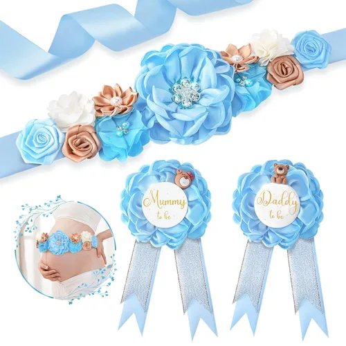Faja de maternidad floral para mamá, papá para ser ramillete, juego de alfileres de oso de peluche azul, banda para baby shower, cinturón de vientre