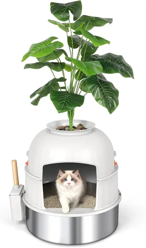 Miniatura 10 de Caja de arena oculta para gatos con planta artificial, muebles de acero inoxidable, maceta redonda decorativa incluye cuchara, guijarros, filtro