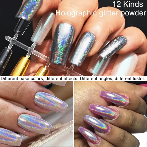 Miniatura 4 de Juego de 2 cajas de 24 colores holográficos cromados para uñas Nail Powders Laser Shining Glitter Metallic Mirror Effect Holographic Aurora