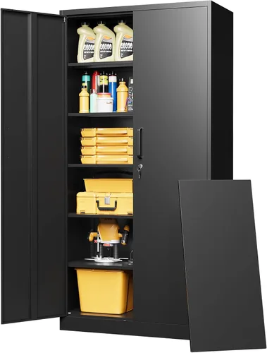 Miniatura 26 de Armario de almacenamiento de metal con 2 puertas y estantes ajustables, armario de metal ancho, gabinete de almacenamiento bajo, gabinete de acento