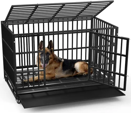 Miniatura 9 de LEMBERI - Jaula para perro indestructible y resistente de 48/38 pulgadas, a prueba de escapes con ruedas bloqueables, doble puerta para evitar
