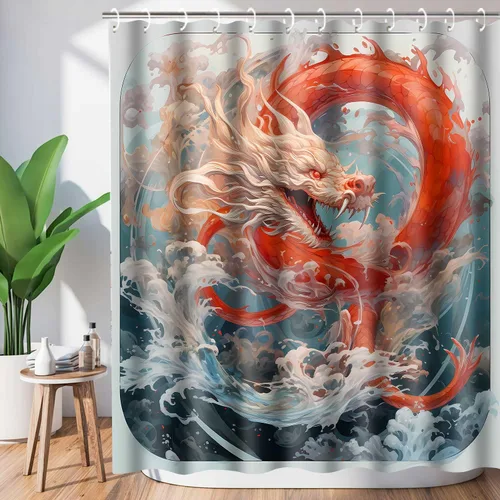 Miniatura 11 de YLOKPA0717 - Cortina de ducha de dragón japonés con ganchos, enorme ola de mar, cortina de baño de dragón rojo, 36 x 72 pulgadas, decoración de baño