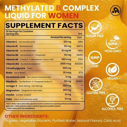 Miniatura 2 de Methylated B Complex Liquid Drop, vitaminas del complejo B líquido para mujeres, con metil B12, metilfolato, B1, B3, B5, B6, B7, C, Omega-3