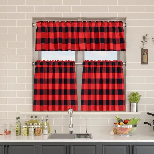 Miniatura 66 de Cenefas de cortina para ventana de 16 pulgadas de largo, 2 paneles de cuadros búfalo, cortinas pequeñas con bolsillo para barra, estilo clásico