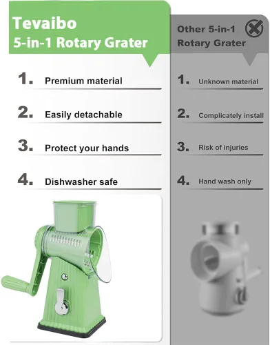Miniatura 4 de Rallador rotativo de queso con 5 cuchillas, tubo grande para alimentos, empujador de alimentos de seguridad, base de succión fuerte, verde menta