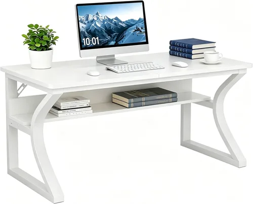 Miniatura 9 de Escritorio para computadora de 47 pulgadas, escritorio de oficina en casa con estante de almacenamiento, mesa de estudio resistente con marco