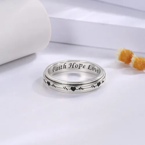 Miniatura 29 de 925 Sterling Silver Spinner Fidget Ring for Women: Musical Note Viking Rune Heartbeat Anxiety Stress Relieving Rotatable Ring Faith Hope Love