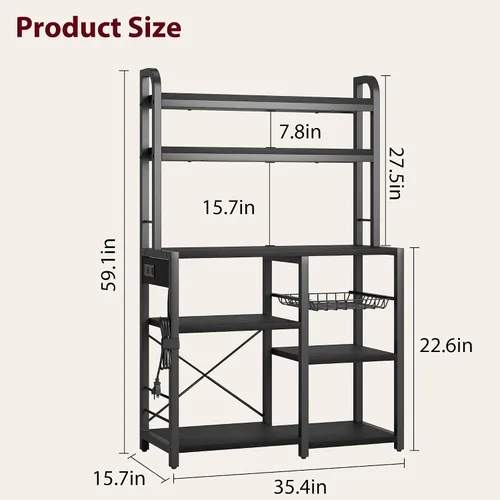 Miniatura 2 de Amyove Estante para panaderos con toma de corriente, barra de café con cajón de alambre, soporte para microondas, mesa de cocina con gran Negro