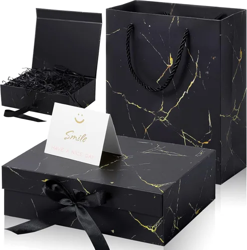 Miniatura 13 de Zonon - Caja de regalo de lujo color negro y rosa con tapa y cinta, bolsa de regalo de 9 x 7 x 3 pulgadas, con tarjeta de felicitación, papel