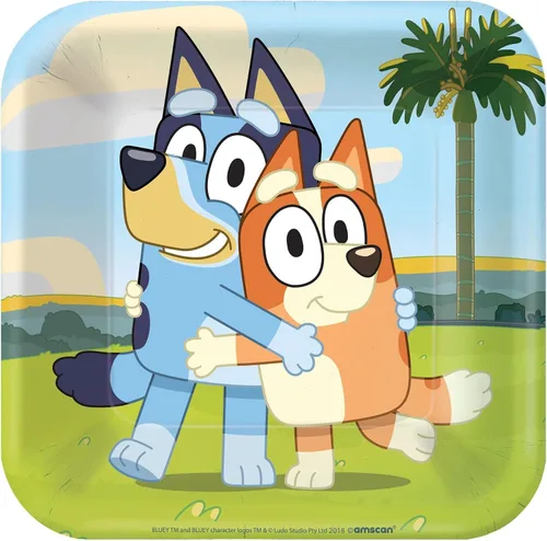 Amscan Bluey - Platos cuadrados, 7 pulgadas (paquete de 8), duraderos y coloridos esenciales para fiestas, perfectos para celebraciones de niños,