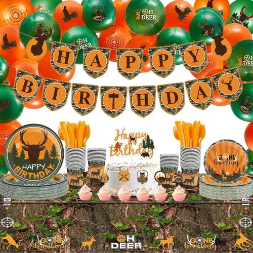Suclain 165 piezas de decoración de fiesta de cumpleaños de caza, carteles de cumpleaños de ciervos camuflados, manteles de caza, vajilla desechable
