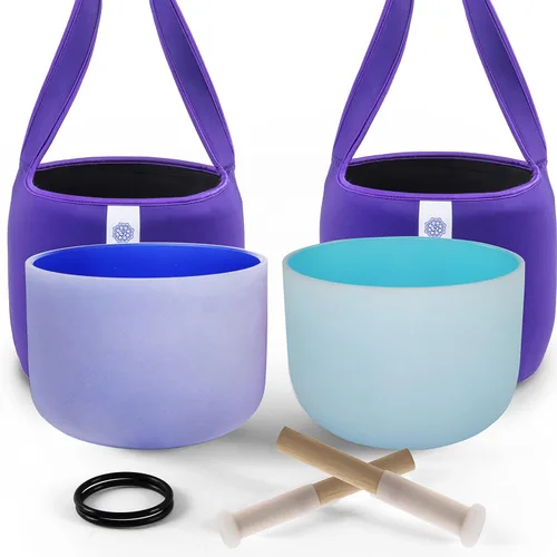 FMTY Juego de cuencos de cristal para cantar de 10 pulgadas tono perfecto (±10Hz) Azul(Garganta) + Índigo(Tercer Ojo) con Bolsa de Transporte