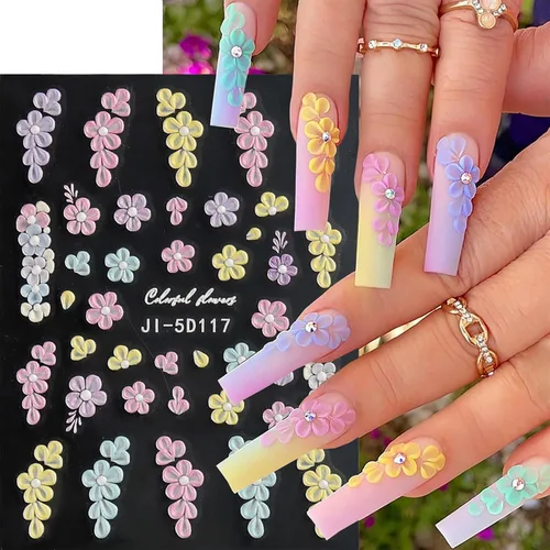 Miniatura 8 de Calcomanías de uñas, 4 hojas en relieve floral 5D, autoadhesivas para manicura de bricolaje
