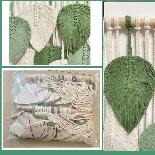 Miniatura 3 de MSFENG Tapiz para colgar en la pared, diseño de hojas, bohemio, decoración de pared tejida con plumas tejidas a mano, borlas de hilo tejido, Verde