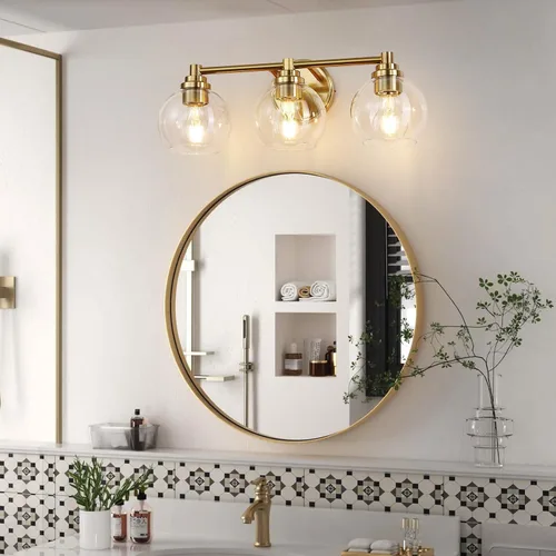 Miniatura 2 de Lámparas de baño de 3 luces, moderna lámpara de tocador con pantalla de cristal de globo, luces de baño doradas cepilladas sobre el espejo, luces