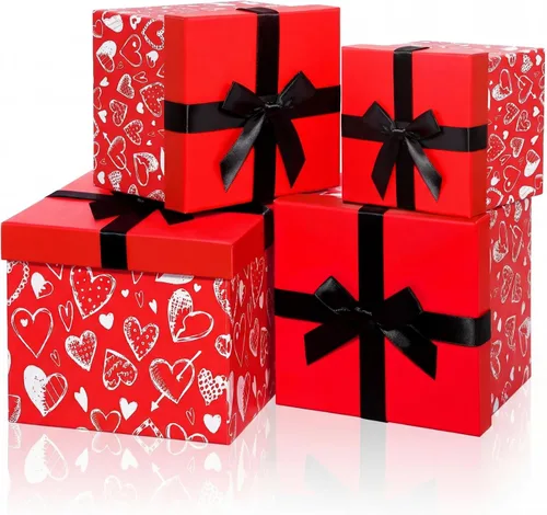 Miniatura 13 de Epakh 4 cajas anidables cuadradas decorativas con tapas, corazones negros y rojos, varios tamaños para aniversario, cumpleaños, boda, despedida