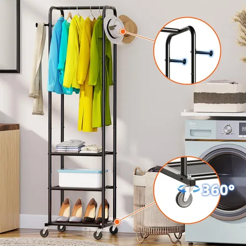 Miniatura 6 de Ekisemio Perchero de ropa resistente con ruedas, moderno perchero con 3 estantes de metal, color negro