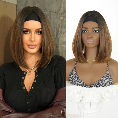 7JHH WIGS 14IN Brown Blonde Ombre Headband Wig with Black Roots Shoudle Length Straight Headband for Women,Long Straight Synthetic Glueless Wear and